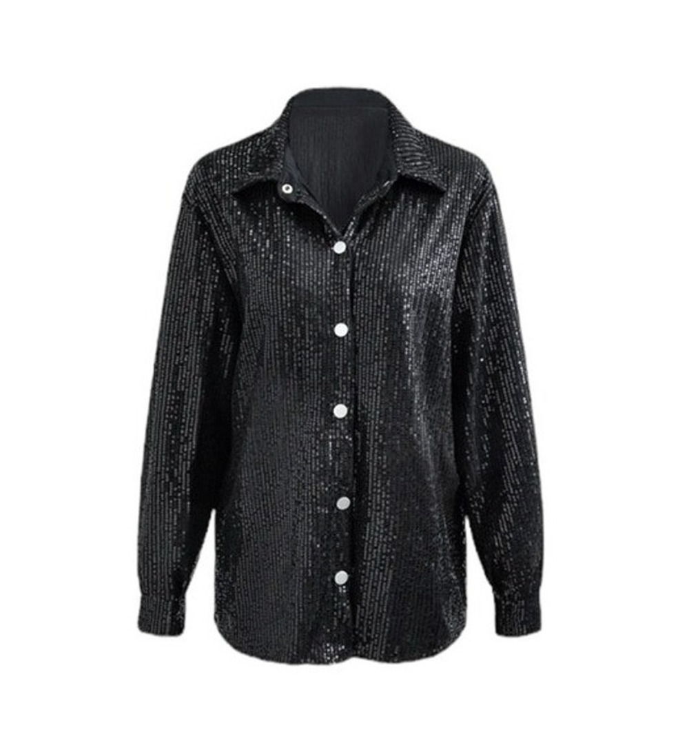 Micas Women's Small Black Long Sleeve Collar Sequin Button Up Party Shirt